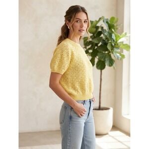 Vintage Yellow Crochet Knit Short Sleeve Sweater Pointelle Crew Neck Top